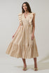 Luna Striped Fairness Taupe Poplin Surplice Midi Dress